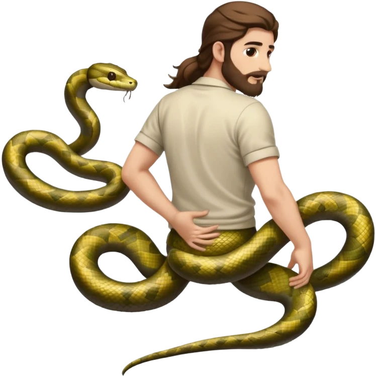 full body man long brown hair brown eyes medium beard white skin seen from behind, snake wrapped around arm and back emoji