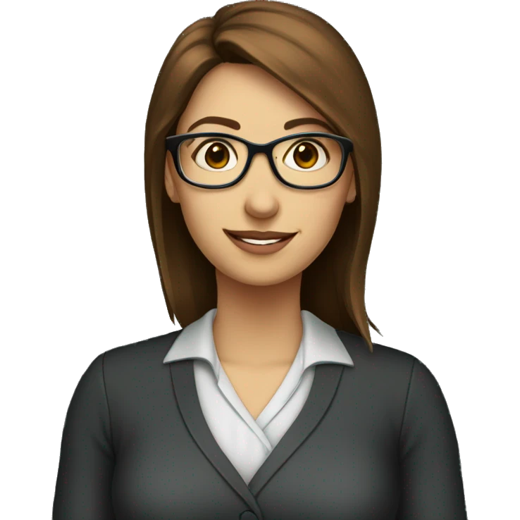 female teacher, blue eyes, brown hair, in front of a blackboard, wearing glasses emoji