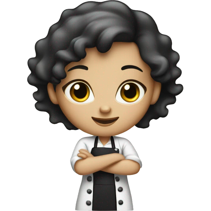 a white black wavy hair female pastry chef, standing up holding a baking tray. show full body emoji