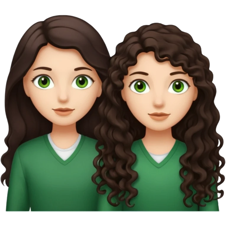 Two besties: 1: long ironed straight darkbrown hair, green eyes 2: long curly darkbrown hair, brown eyes emoji
