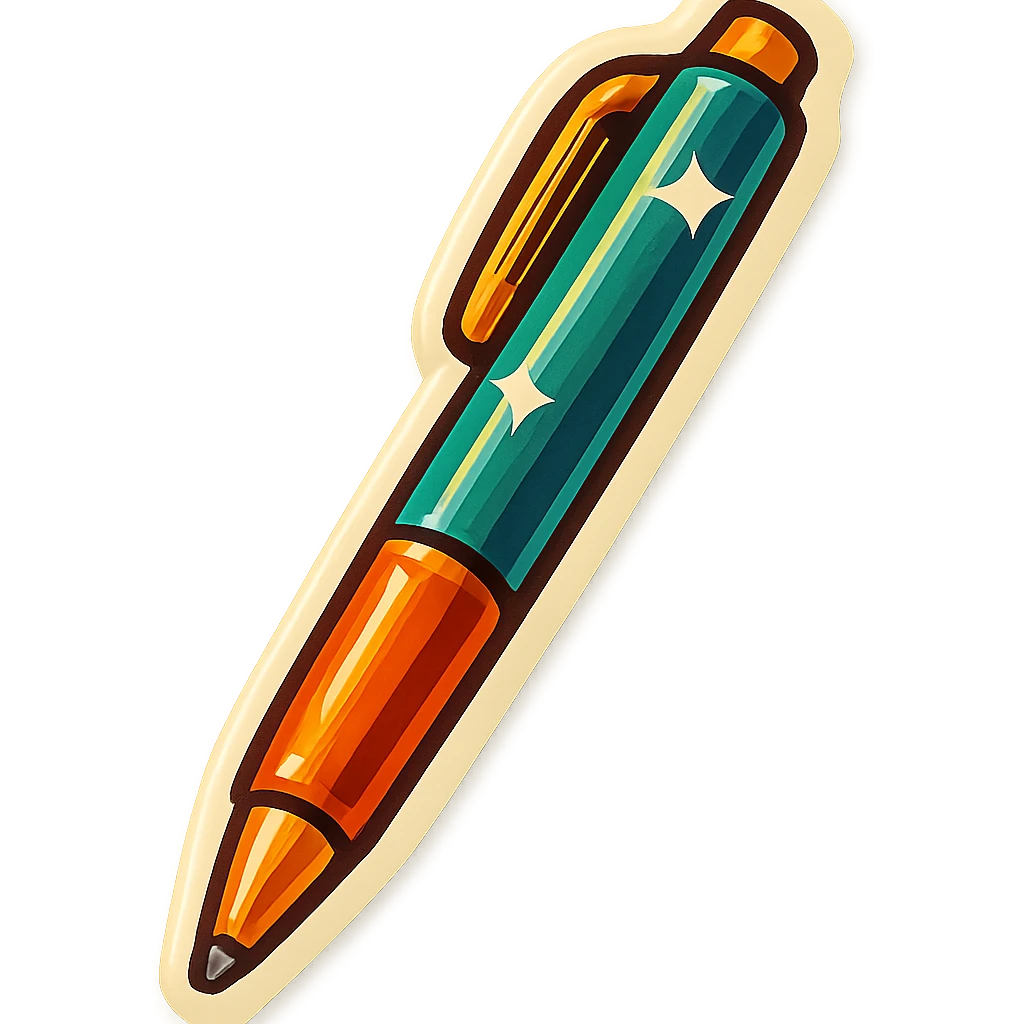 long ballpoint pen, retro stickers style, soft rounded shapes, expressive contours, vintage color palette, light paper texture, shadows and highlights, transparent background emoji