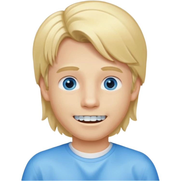 Blond boy with long hair in tail of low blue eyes and dental appliance emoji