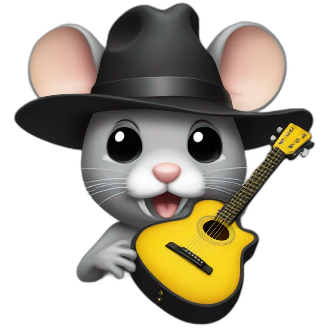 old grey jerry mouse potrait with white moustache, big black hat, and yellow guitar emoji