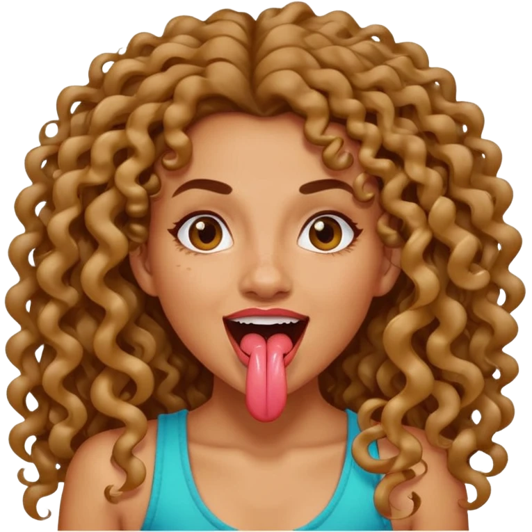a mixed girl with long curly hair sticking her tongue out with spit emoji