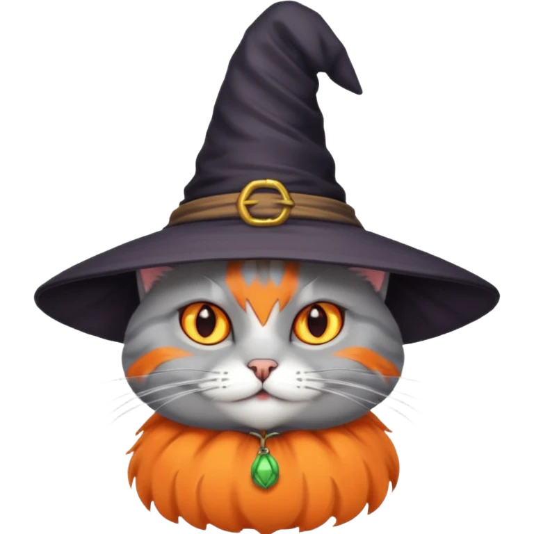 Grey cat with orange eyes with witch hat emoji