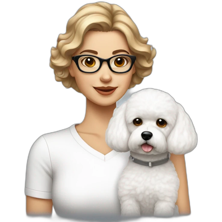 mujer piel blanca cabello chongo gafas  y perro bichon blanco emoji