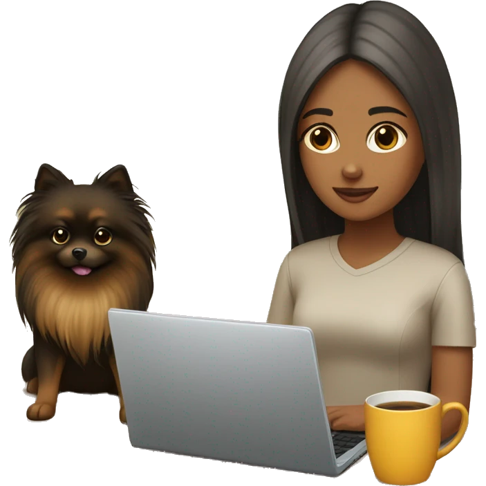 girl with long hair working on laptop, while her black-and-tan pomeranian is next to her emoji