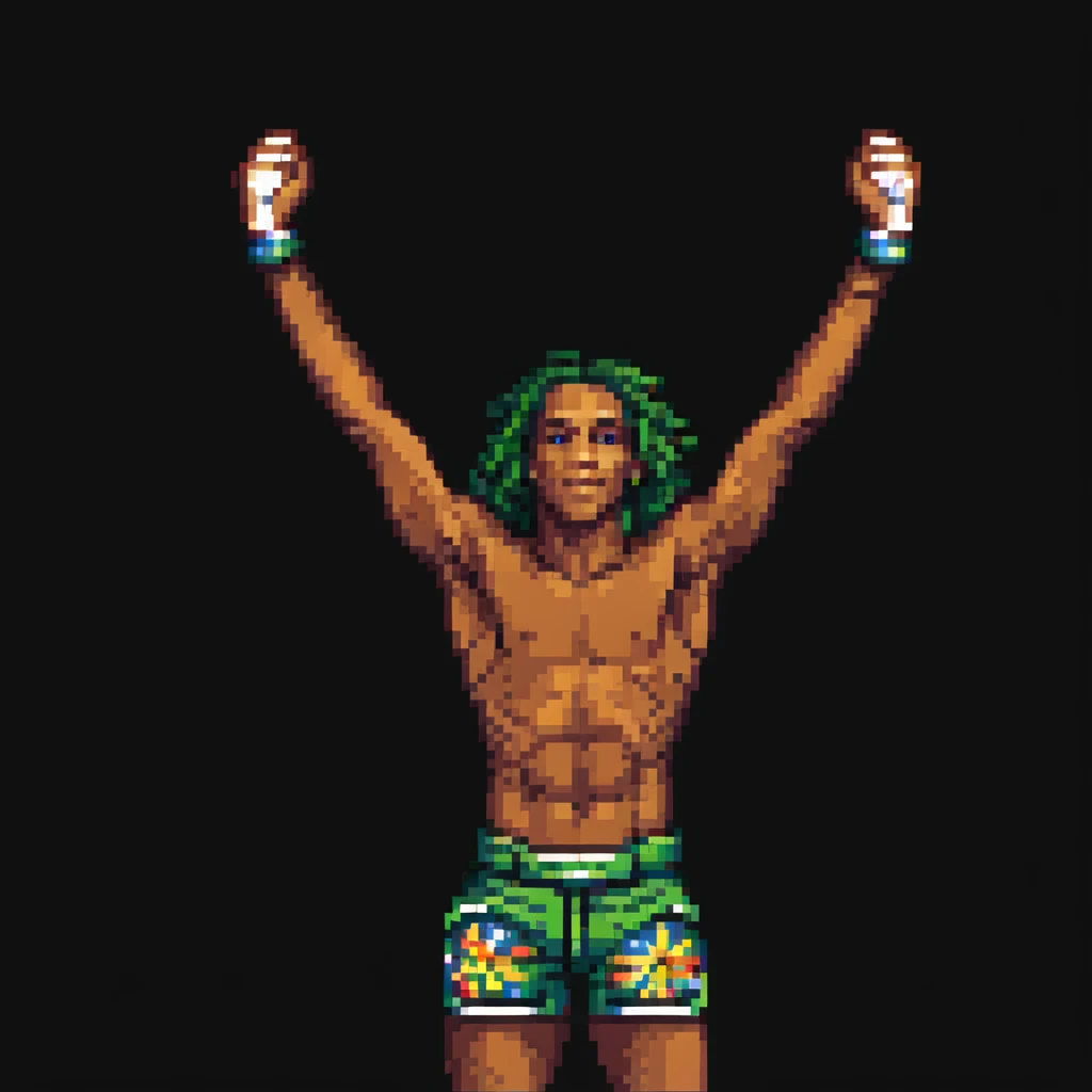 Charles Oliveira celebrating victory with arms raised emoji