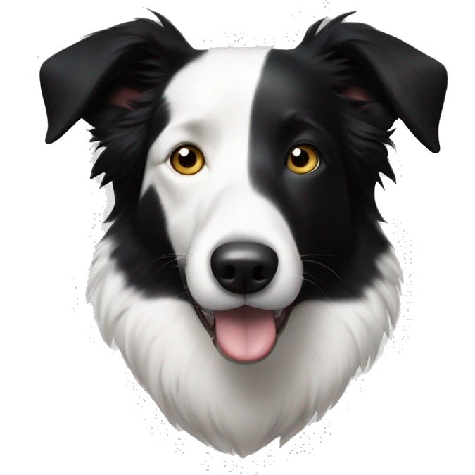 An elderly black and white border collie with white around both eyes and a black stripe down the middle of her face. emoji