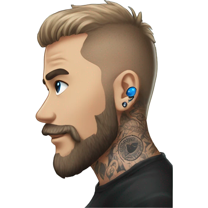 Man with Light brown hair, neck tattoos, arm tattoos, mustache and beard, blue eyes, silver nose piercing hoop, black anime graphic tee emoji
