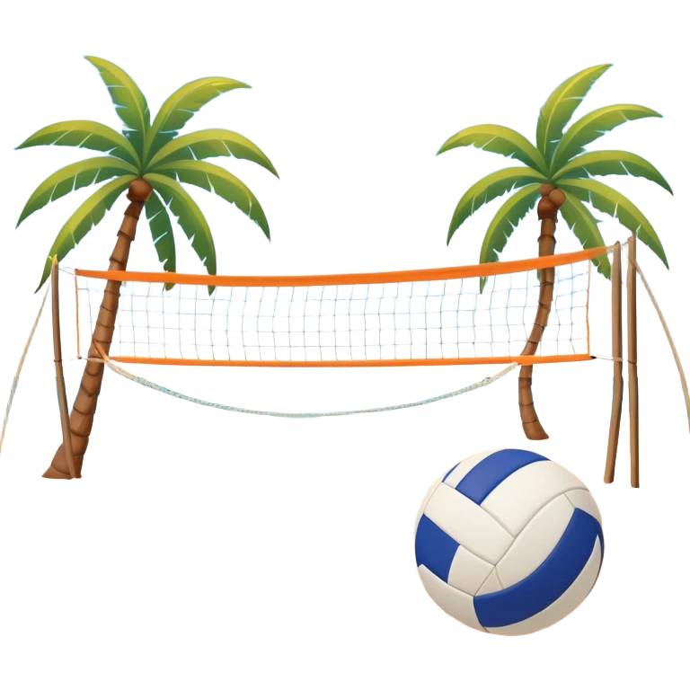 A volleyball resting on the orange sand of a beach, with a volleyball net in the background. The scene captures a sunny beach atmosphere with clear blue sea and sky, palm trees swaying, and people in swimsuits enjoying the vibrant surroundings emoji
