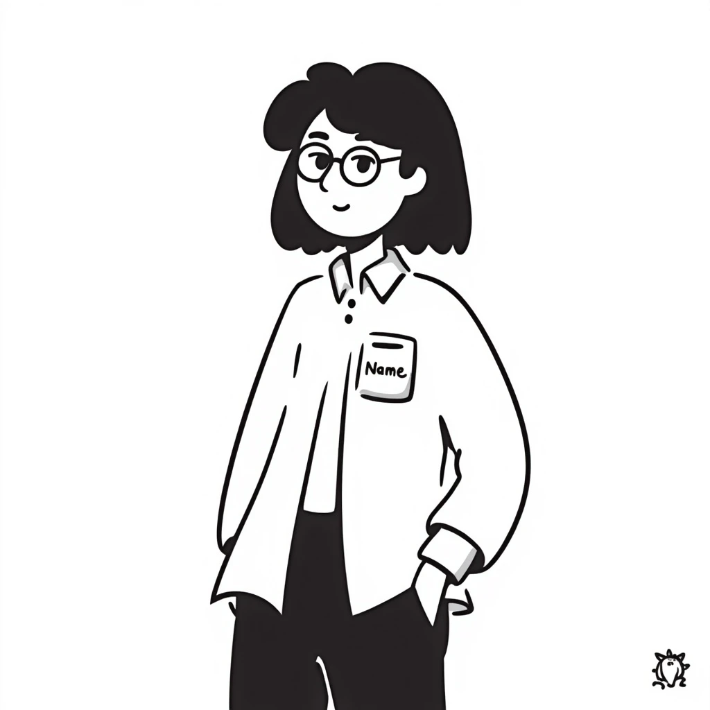 Asian girl with glasses, white shirt, work tag with her Asian young male boss's name, simple line drawing style emoji
