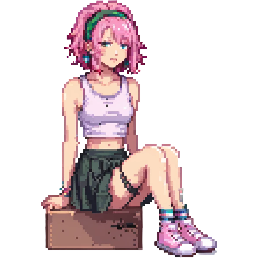 A girl with pink hair, wearing a skirt, sitting sideways on her leg, wearing a crop top, monochromatic emoji