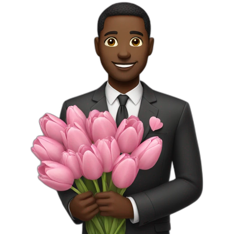 Black man holding Bouquet of pink tulips emoji
