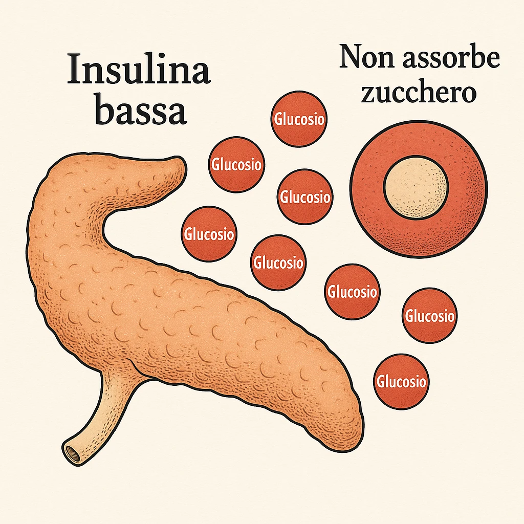 Add clear and legible Italian text to the icons in a realistic and symbolic-medical style: label the pancreas with 'Insulina bassa', the molecules with 'Glucosio', and the cells with 'Non assorbe zucchero'. Maintain the realistic and symbolic-medical style with clear and readable text. emoji