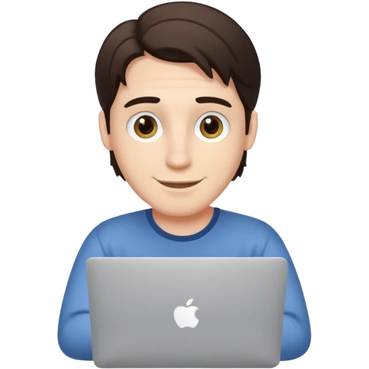 A white brunette man in his mid 20s, middle part average dude with slightly droopy eyes, happy, using a MacBook (no logo), hero for an iOS developers website emoji