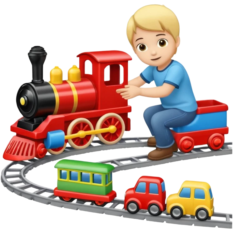 child playing with both toy cars and trains emoji
