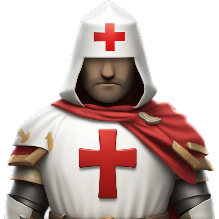 Masonic knight Templar wearing a white tunic with a Red Cross on the front, a white mantle with a hood. And a Red Cross on the left side. A male head with a red smokers cap on. He should be holding a sword in the carry position. emoji