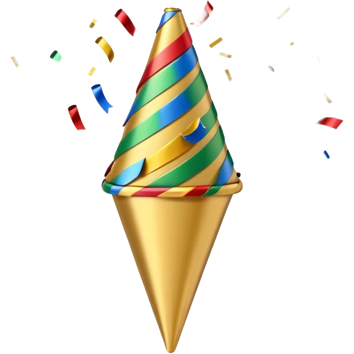 A small cone-shaped party popper tilted to the side, usually gold or yellow with diagonal stripes. It bursts open at the top, releasing colorful confetti and streamers in blue, red, yellow, or green. Represents celebrations, parties, excitement, or congratulations. emoji