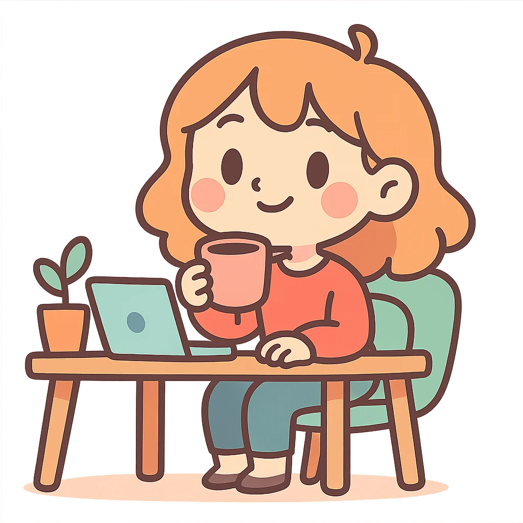 chibi style, girl at desk, holding coffee cup, warm atmosphere, pastel colors emoji