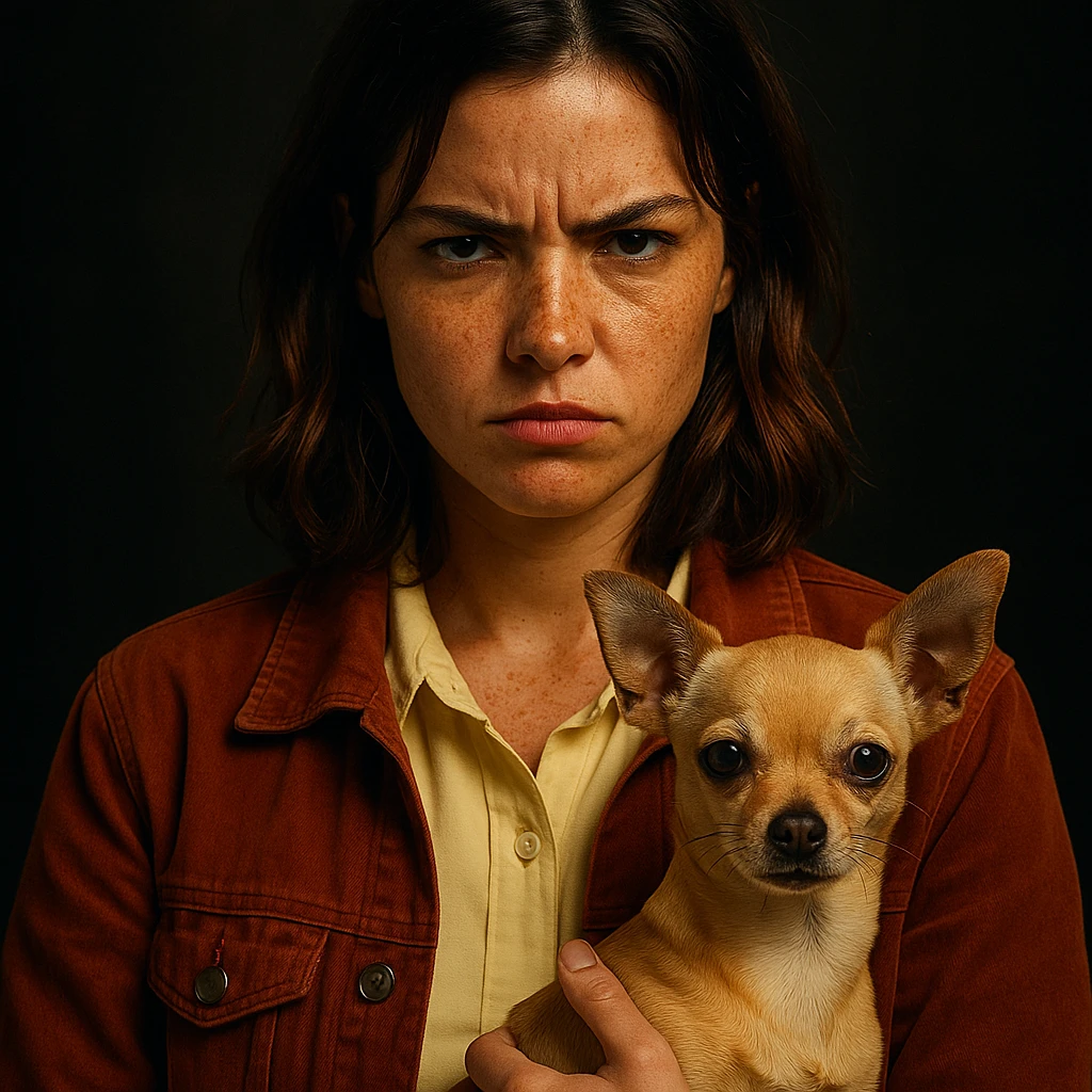 portrait Netflix series style, woman with tanned skin, freckles, pale yellow shirt #FFF8CA, rust jacket, medium-length brown hair with auburn highlights, rebellious expression, beige-brown chihuahua, dark background emoji