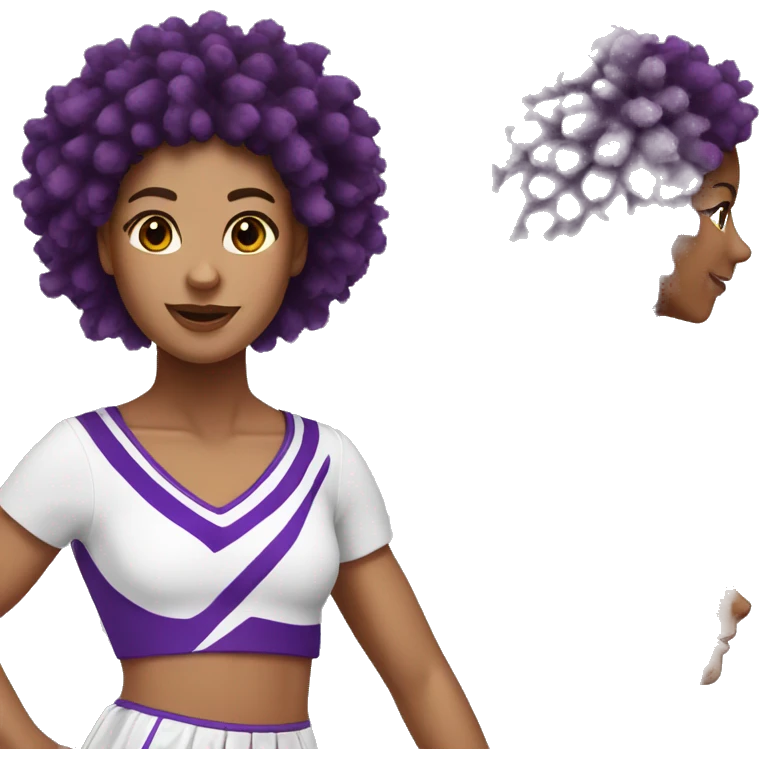 White cheerleader with long brown curly hair and purple Pom-poms emoji