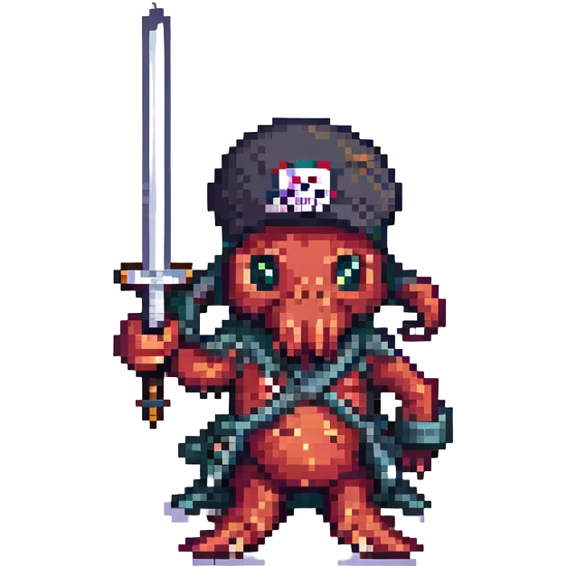 pixel art octopus pirate holding a tiny sword emoji
