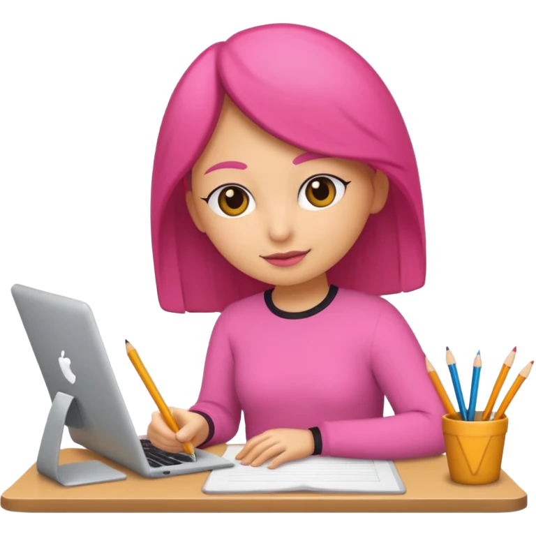 chica rosa pensando ideas con un escritorio emoji