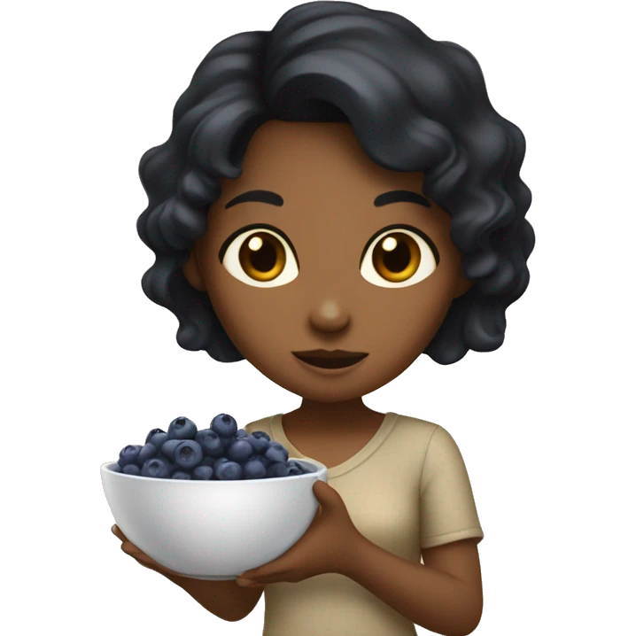 brown girl with black hair eating blueberries in bowl emoji