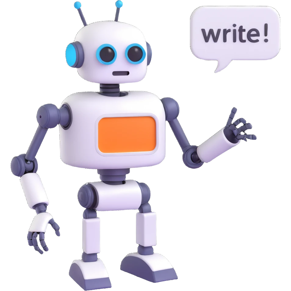 robot with a speech bubble saying 'write!', playful, writer theme emoji