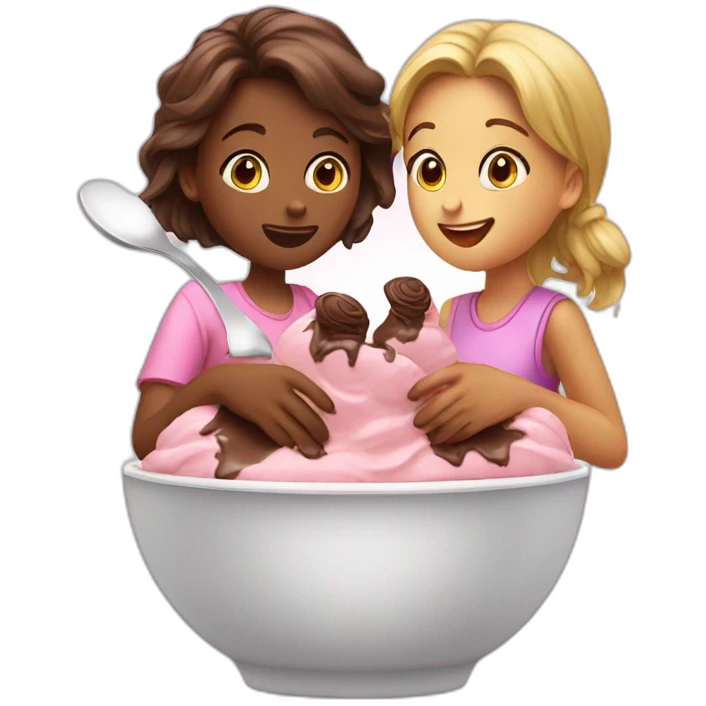 two girls eating chocolate icecream from one cup or bowl with a spoon emoji