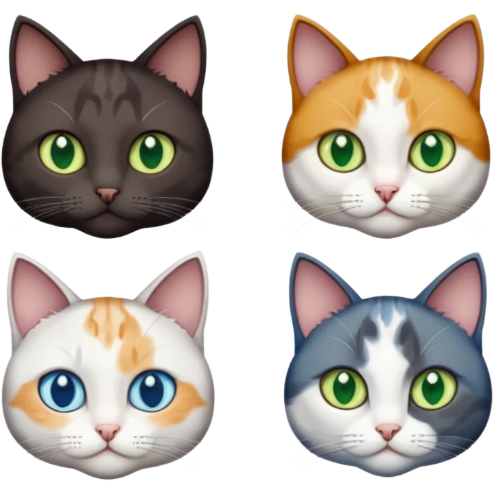 4 different coloured short haired cats including; a dark brown and white cat, and a dark grey and white, and a calico emoji