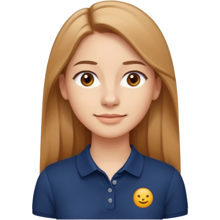 emoji-style cartoon avatar of a young woman with long straight light brown hair parted in the middle, fair skin, gentle smile, brown eyes, wearing a dark navy blue polo shirt, small hoop earrings, clean minimal style, neutral background, warm and confident expression emoji