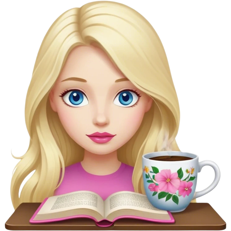 A cinematic, realistic blonde with long hair, blue eyes, and pink lips is sitting in a cozy atmosphere, reading a book, and there is a mug of floral coffee on the table next to it emoji