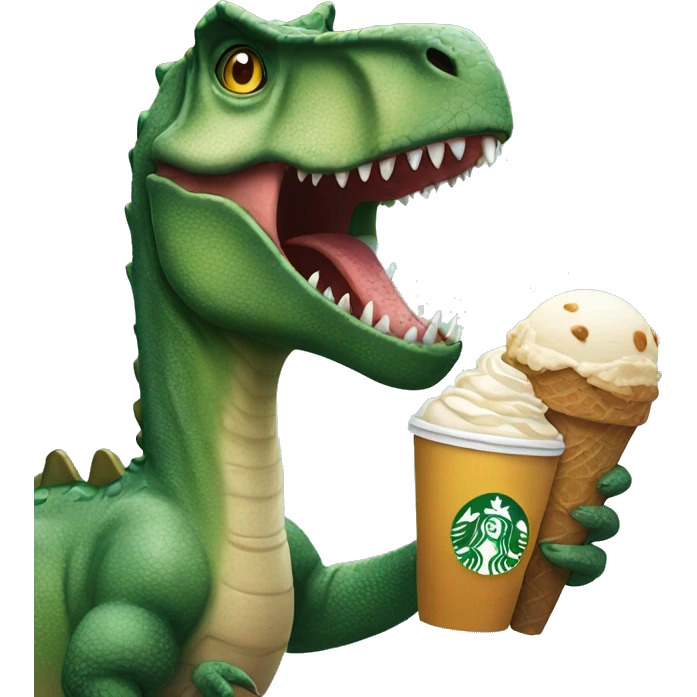 Dinosaur holding Starbucks coffee and ice cream emoji