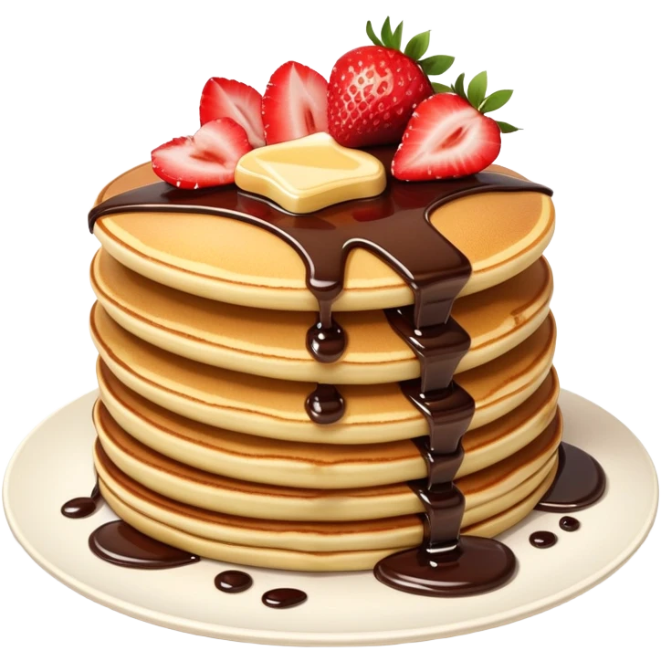 ultra realistic stack of pancakes with chocolate syrup and sliced strawberries emoji