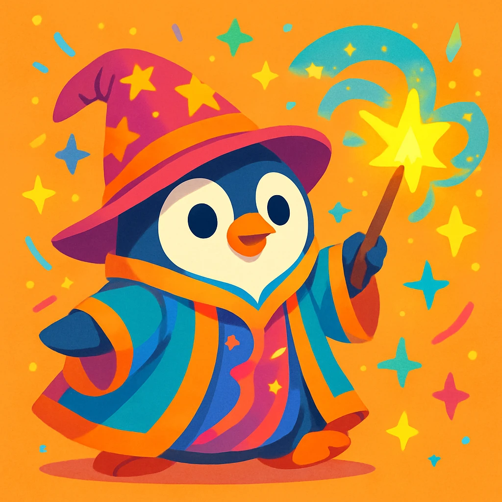 a cute penguin wizard casting a spell, wearing a robe and holding a wand, in a colorful cartoon style, vibrant toon illustration emoji