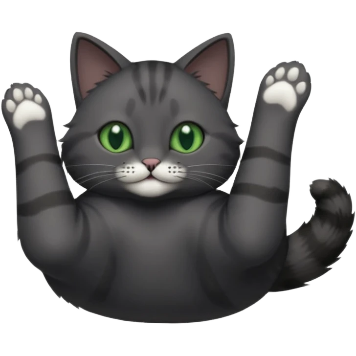 solid dark grey cat with green eyes, completely solid grey face, white toes/paws playing rolling upside down emoji