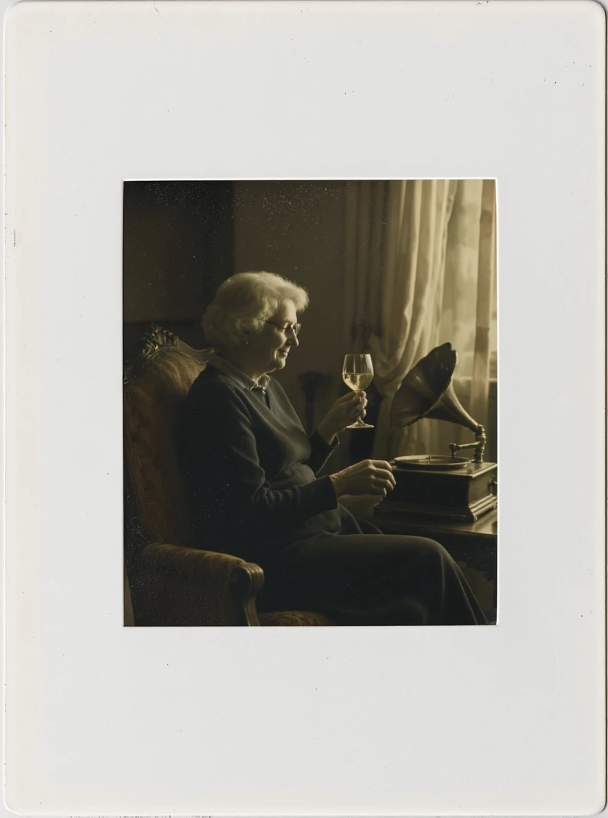 old lady with wineglass listening to gramophone emoji
