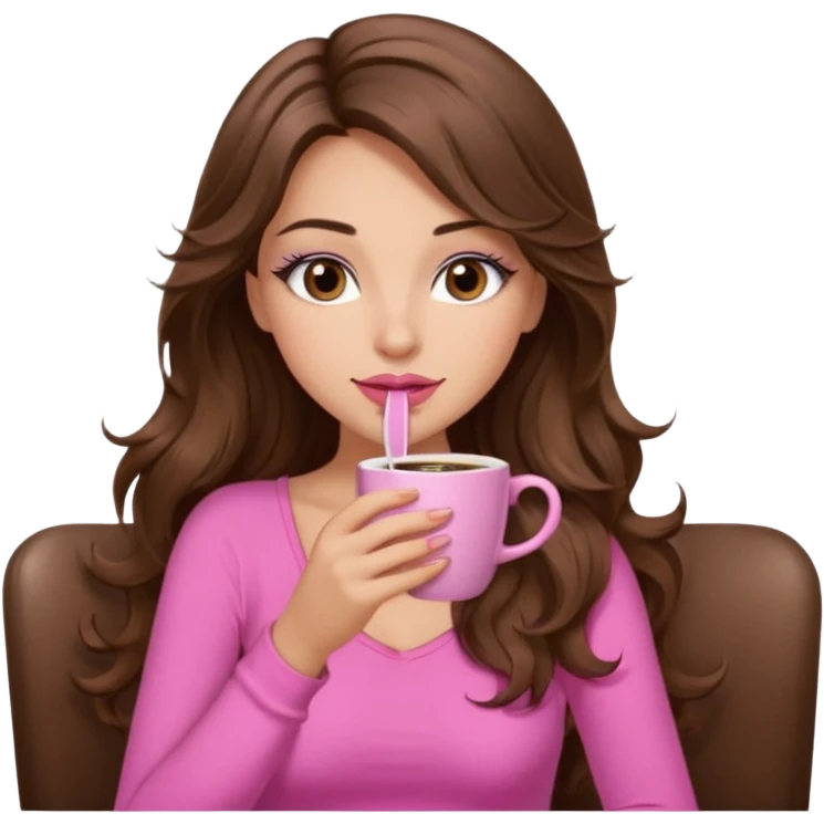 girl with long wavy brown hair, brown eyes, light to medium complexion, in a pink sexy top, pink lips, long lashes sipping coffee emoji