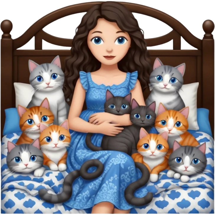 detailed realistic looking a dark grey and white cat regally laying with six other cats, cuddling with their owner in bed who is a pretty bratz lightly tanned white girl with long dark brown hair, blue eyes and gorgeous long wavy hair wearing a pretty detailed dress emoji