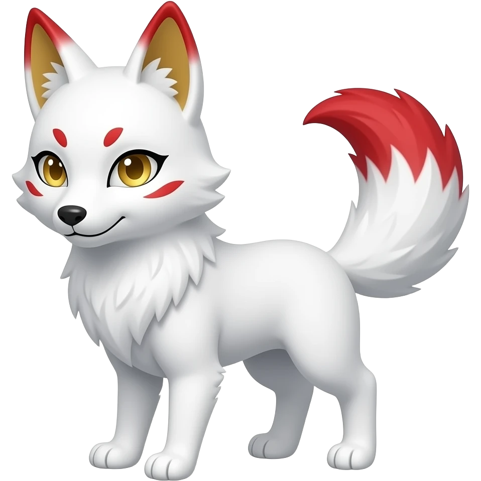 A white one-tailed Kitsune (Fox Form,) with red accents on his face, red and gold inside of his ears and pale golden eyes. Pure white paws, and a red tail tip. emoji