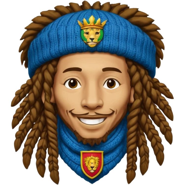 very realistic Bob Marley with gigantic dread locks in form heraldic crest with lion emoji