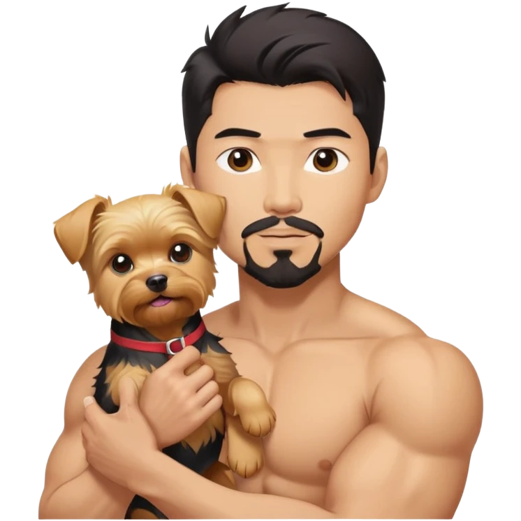 Dark haired Korean Asian handsome man with black pointy hair full goatee and biceps.  Holding a blonde yorkie.  emoji