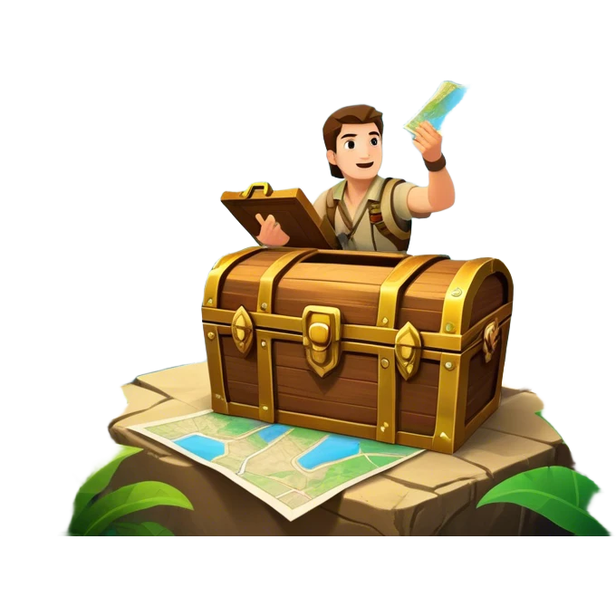 Icon for Adventure Movie: A vibrant, cinematic poster-style design featuring an action-packed scene. Include an adventurer with a map, a treasure chest, a jungle background, a towering mountain, and ancient ruins. Bright colors, bold typography, and an exciting atmosphere. Transparent background. emoji