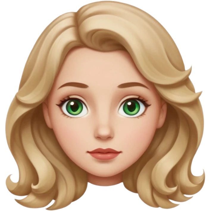 Generate an emoji of a white girl with a round face structure, light brown almost blonde loose curls, large forehead, brown arched brows, almond big green eyes with a lil blue in them, large rosy cheekbones and big rosy lips and a jawline emoji