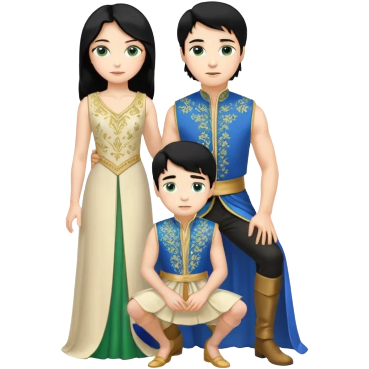 prince, standing upright, black Hair, blue eyes, garment,  woman, bending knee, white sleveless dress, blonde hair, green eyes, emoji