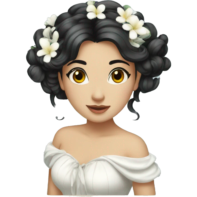 Pretty young Lady with black hair flowers in her hair white dress surrounded by flowing water emoji