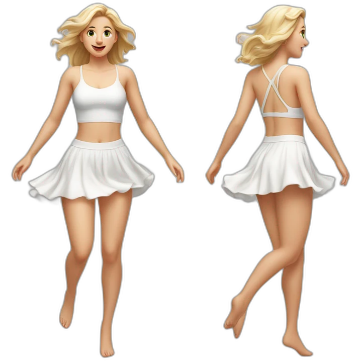 Hyperrealistic Full body Caucasian curvy beauty jumping short white skirt back and front views strong wind emoji