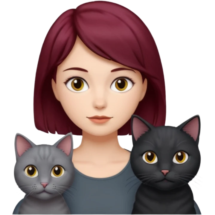 femme au cheveux court bordeau avec chat poils longs gris et chat poils ras noirs emoji